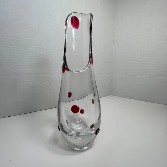 Murano Art Glass Wide Opening Flower Vase - Red Dots. Italian Glass - Picture 8 of 11